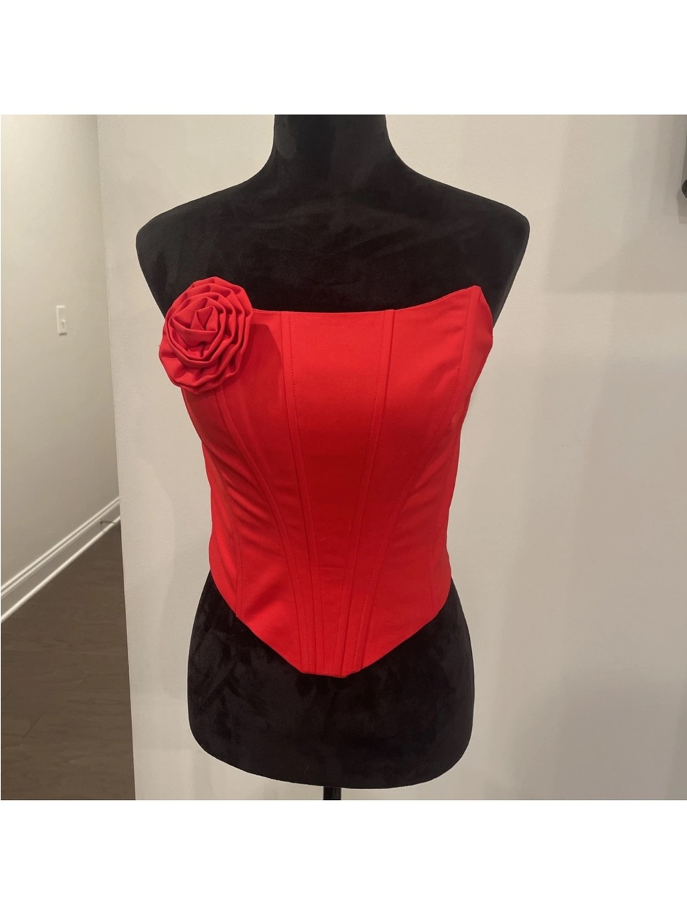 Red Strapless Rose Accent Corset Top
